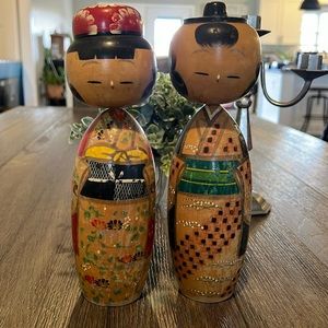 Vintage Large Wooden Hand- Painted Kokeshi Dolls